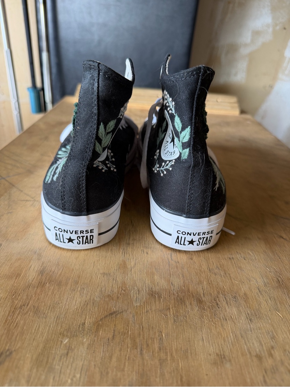 Converse High Top Sneakers in Black with Green and Cream Floral Embroidery - Picture 4 of 4